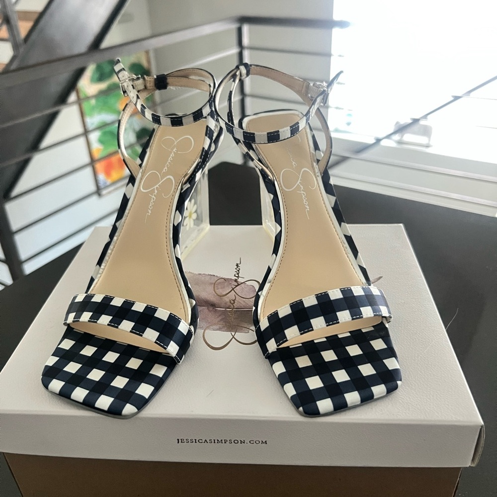 Jessica Simpson Daisy Wedges Aysie Navy Blue Gingham